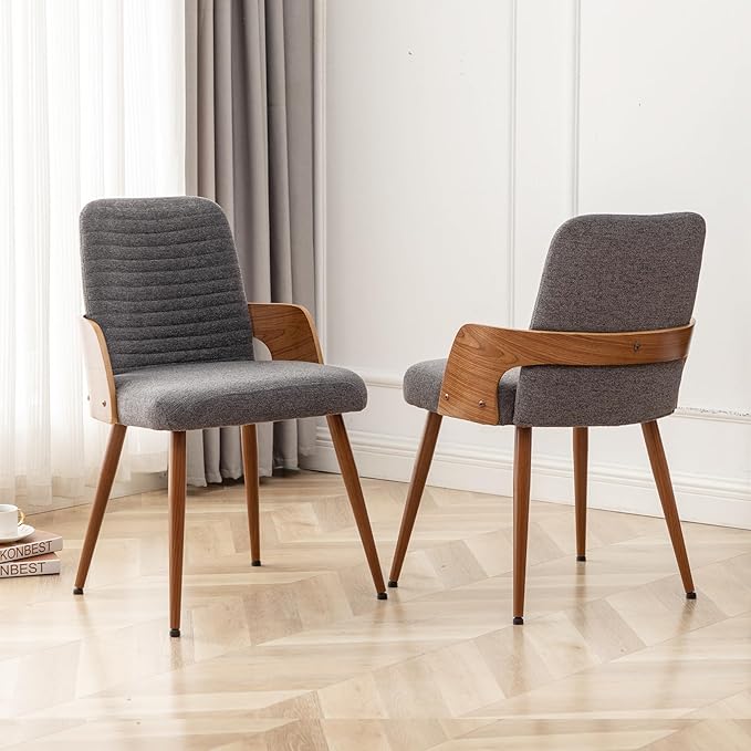 Dining Room Chairs Set of 4,Mid Century Modern Kitchen Chairs,Upholstered Accent Chairs,Metal Legs Wooden Desk Chairs,Armless and No Wheels for Kitchen Dining Living Room,Gray Fabric