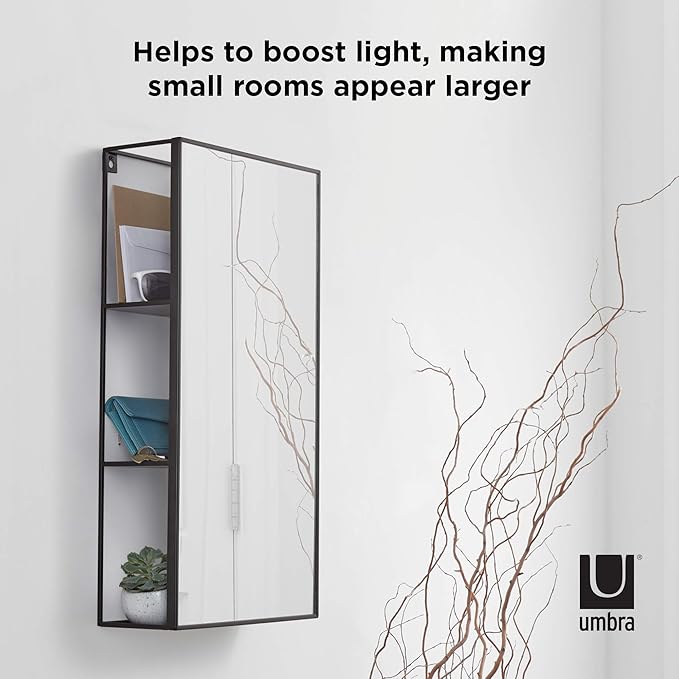 Umbra Cubiko 24x12" Rectangular Black Metal Bathroom Mirror Storage Cabinet with 3 Shelves