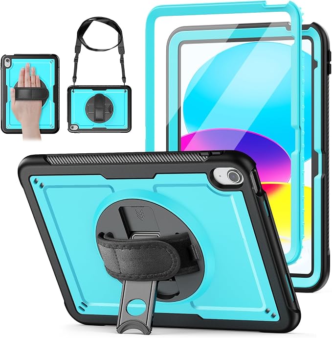 Case for iPad (A16) 11th/10th Generation 11''/10.9'' 2025/2022: Shockproof Protective Case with Hand/Shoulder Strap Pencil Holder Rotate Stand Screen Protector Black