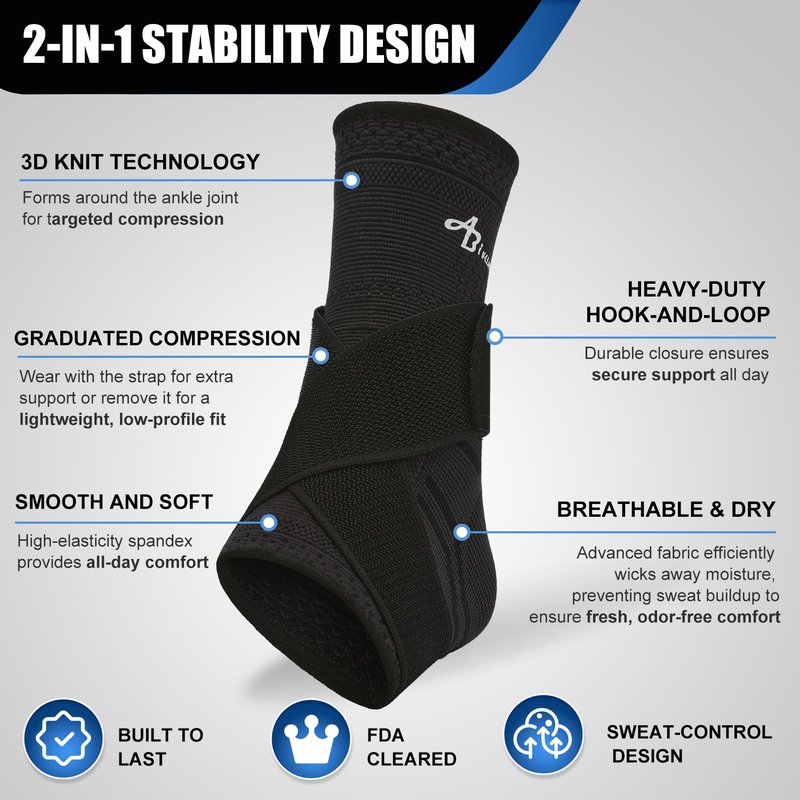 ABIRAM Ankle Brace for Men & Women - Adjustable Compression Sleeve with Wrap, Stability Support & Relief for Sprained Ankle, Plantar Fasciitis & Achilles Tendonitis - Breathable Running & Sports Gear