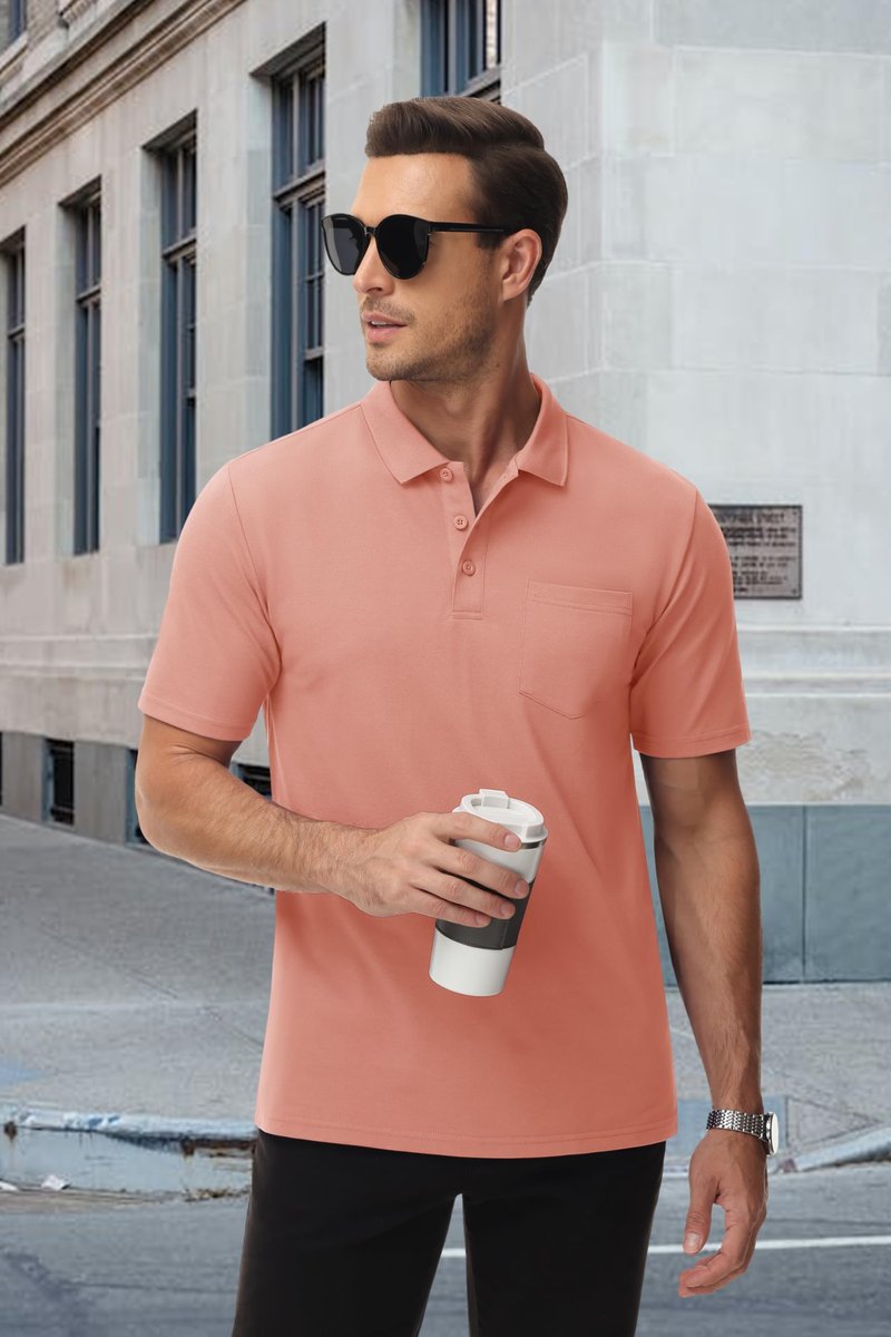 MAGCOMSEN Mens Polo Shirts with Pocket Cotton Pique Short Sleeve Collared Shirt Moisture Wicking Golf Shirts 3-Button Shirts Pink 2XL