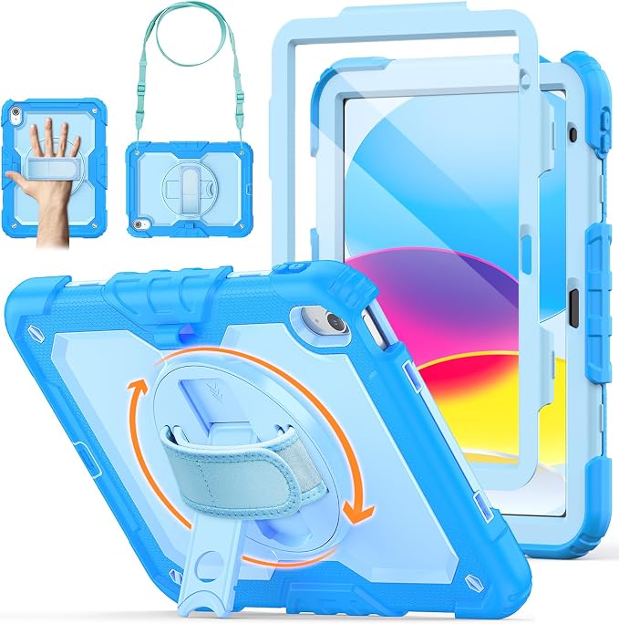 Case for iPad (A16) 11th/10th Generation 11''/10.9'' 2025/2022: Shockproof Protective Case with Hand/Shoulder Strap Pencil Holder Rotate Stand Screen Protector Black