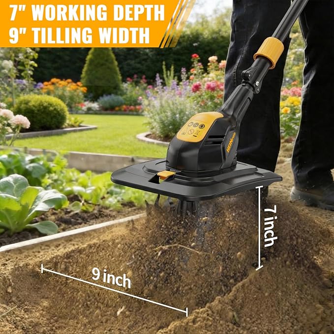 Cordless Tiller Cultivator Compatible with Dewalt 20V MAX Battery, 9In Tilling Width & 7In Depth Electric Tiller for Gardening, 360RPM Rototillers for Garden Cultivator (Tool Only)