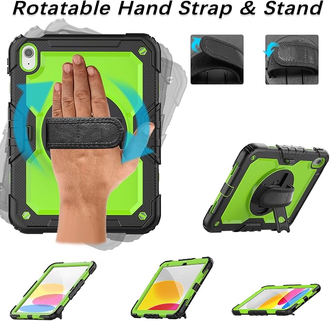 Weuiean Case for iPad A16 11th/10th Generation 11/10.9 Military-Grade Heavy-Duty Shockproof Cover with 360° Rotating Stand Built-in Pencil Holder &amp Adjustable Hand/Shoulder Strap - Black