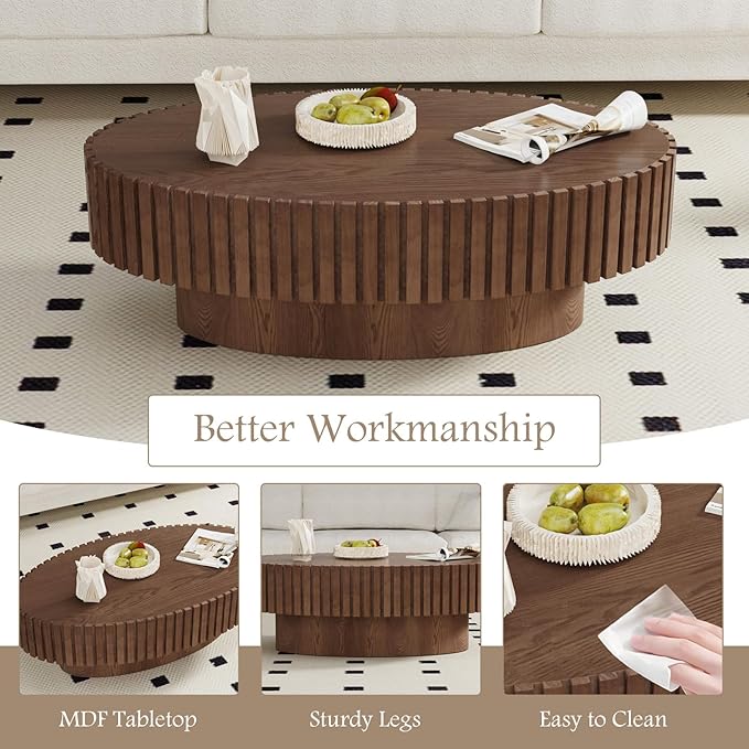 Fluted Coffee Table 43.3" Oval Wood Coffee Tables Modern Handcraft Drum Coffee Table with Solid Wood Relief Sturdy Pedestal Accent Table for Living Room Home Office (Dark Brown)
