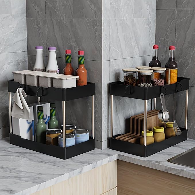 3 Pack Under Sink Organizers and Storage, 2 Tier Bathroom Cabinet Organizer Shelf with Hanging Cups for Kitchen & Bathroom (Black)