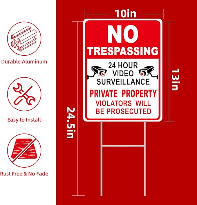 NO Trespassing Signs Private Property Video Surveillance Sign, Large 4-Pack 13"x10" Double-Sided Signs, Corrugated Plastic, H-Metal Stakes, Outdoor Yard Sign for Home and Front Door Land, and Garden, Lawn