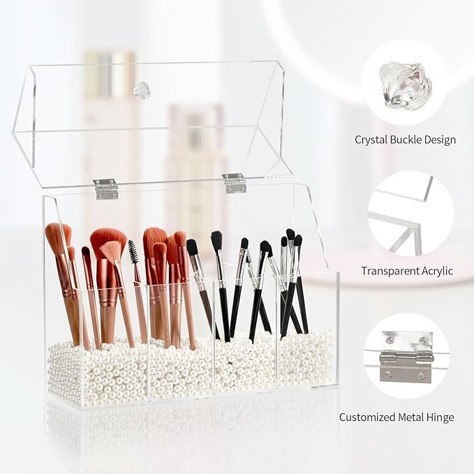 Acrylic Makeup Organizer, Clear Cosmetic Brush Storage Box With 4 Brush Holders,Makeup Brush Holder with Dust Cover, Large-capacity Split Design Can Quickly Organize the Desktop（No pearls）