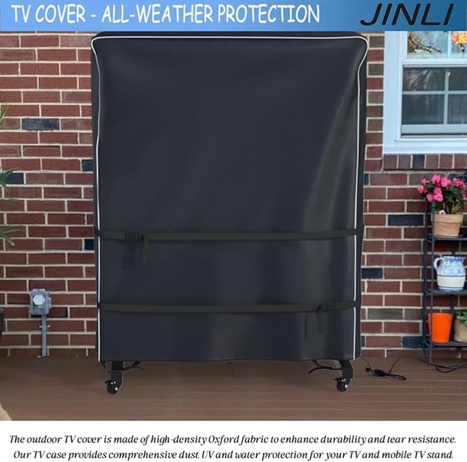 JINLI 55-60 inch outdoor TV trolley cover, courtyard TV cover, Oxford fabric waterproof and dustproof, triple windproof design, compatible with rolling/mobile stand