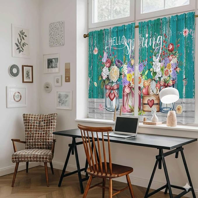 Spring Flowers Kitchen Curtains, Farmhouse Watercolor Teal Wood Grain Light