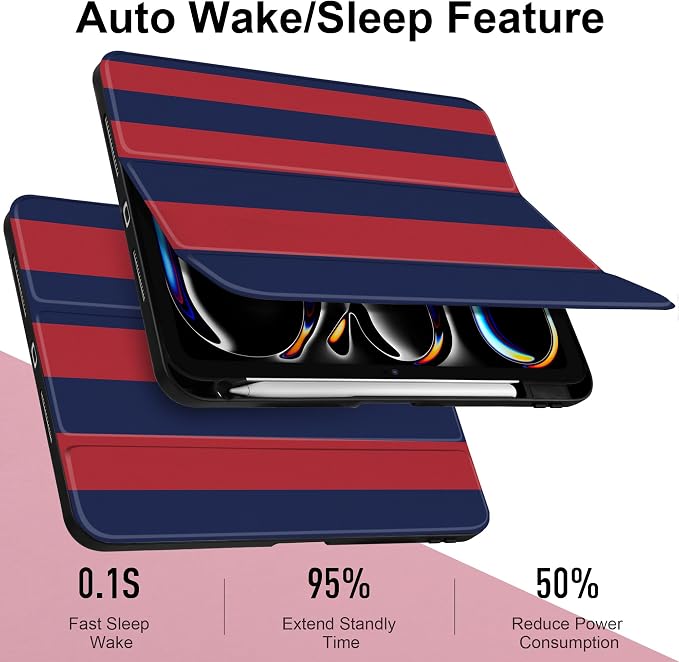 Case for iPad Pro 11 inch M5 2025 /M4 2024 Blue Ribbon Stripe | Blue Ribbon Stripe Folio Case with Clear Back Pencil Holder Trifold Stand and Auto Sleep/Wake for Preppy Aesthetic Users