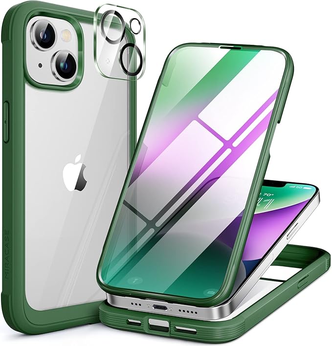Miracase Glass Series Designed for iPhone 14 Plus Case 6.7 inch, 2023 Upgrade Full-Body Clear Bumper Case with Built-in 9H Tempered Glass Screen Protector and Camera Lens Protector,Green