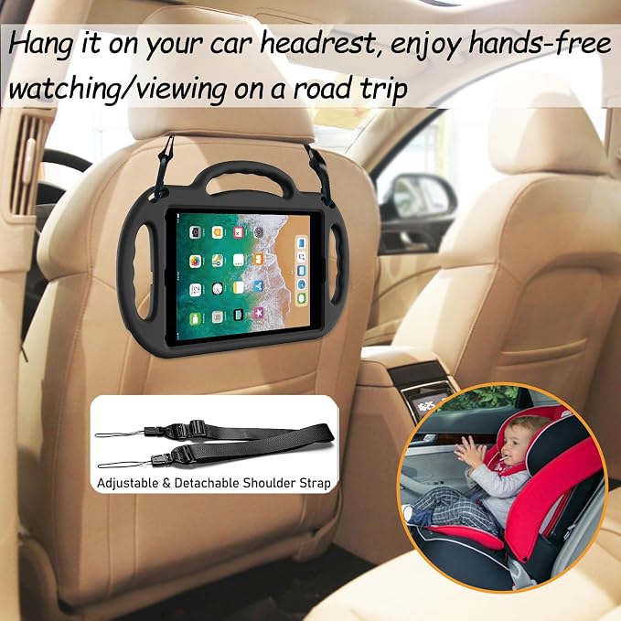 LTROP Kids Case for iPad 5th/6th Generation (2017/2018) &amp Air 2 Shoulder Strap Handle Stand Shockproof Bumper Cute Kid Case for iPad 9.7 Inch Black