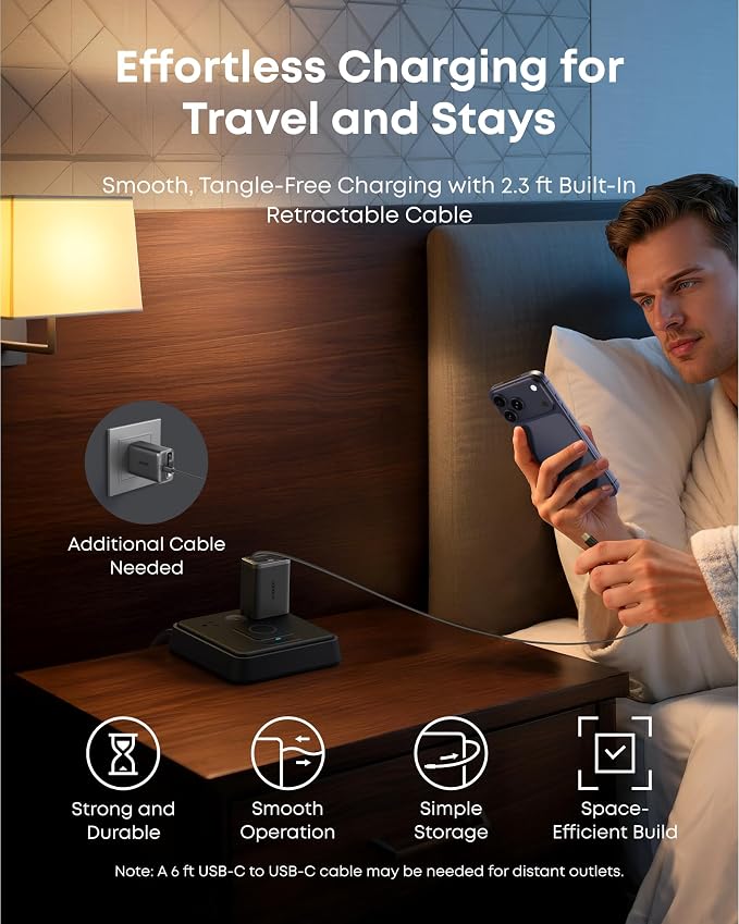 Anker Nano Retractable USB C Charger Block Compact 35W Phone Charger | 2-Port Charger with Durable Built-in Anker InstaCord Retractable Cable for iPhone 17/16/15 iPad(BlackNon-Battery)