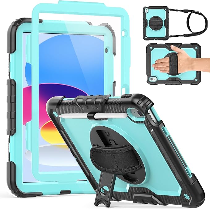 Weuiean Case for iPad A16 11th/10th Generation 11/10.9 Military-Grade Heavy-Duty Shockproof Cover with 360° Rotating Stand Built-in Pencil Holder &amp Adjustable Hand/Shoulder Strap - Black