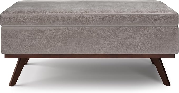 SIMPLIHOME Owen Lift Top Coffee Table Storage Ottoman - 42 inch Wide Upholstered Vegan Leather Rectangular Lift-Top Ottoman in Distressed Grey Taupe, Mid-Century Modern Ottoman for Living Room