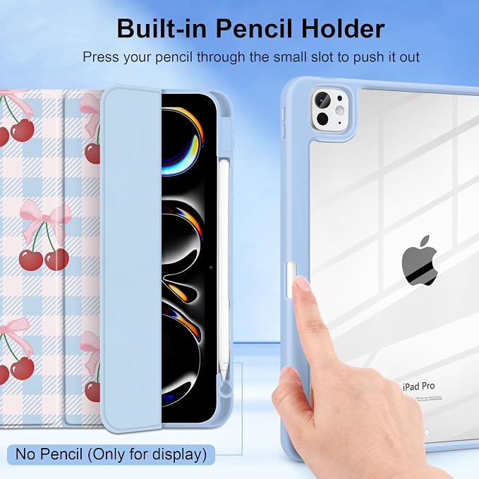 DONGKE for iPad Pro 11-Inch Case (M5 2025 / M4 2024) 6th/5th Generation [Auto Sleep/Wake &amp Pencil Pro Holder] Clear Acrylic Back Smart Trifold Stand Cover Bear &amp Cherry