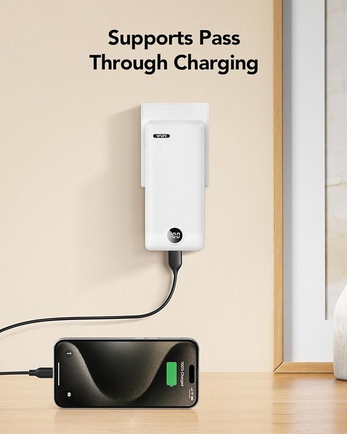 VRURC Portable Charger Power Bank Built-in Cables and AC Wall Plug | USB C Portable Bank 10000mAhTravel Essentials Phone Charger Compact External Battery Pack for Smart PhonesTablets-Black