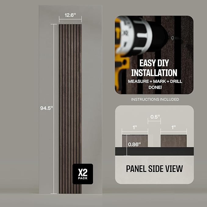 2-Pack Acoustic Wood Slat Panels - Soundproof Wall Paneling for Interior Decor