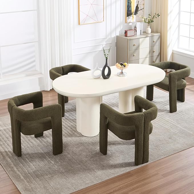 Modern Dining Chairs Set of 6, Upholstered Side Chairs Sherpa Fabric Guest Chairs with Barrel Backrest Armchair for Dining Room Living Room, Green