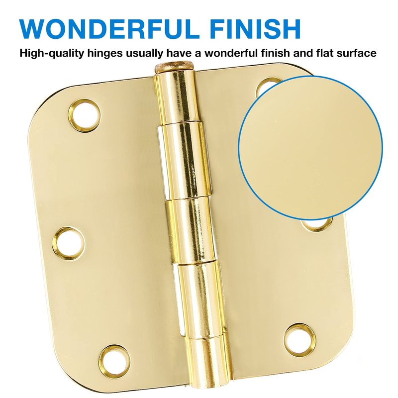 3 Pack Rounded Door Hinges 3-1/2" x 3.5 inch, 5/8 Radius, Polished Brass 3 ½ Inch Gold House Interior Hinge for Bed/Living/Guest/Pantry/Storage/Study/Work Room Doors Heavy Duty Steel Hardware Kit