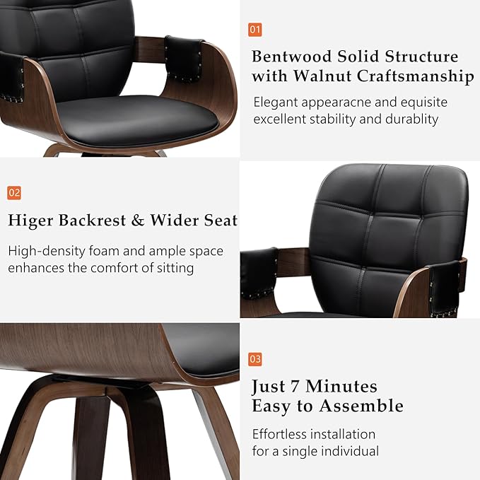 Set of 2 Mid Century Modern Chairs - Swivel Dining Chairs with Arms and Curved Back, Faux Leather Reception Room Chairs, Ideal for Kitchen/Living Room/Reception/Desk (Walnut Black)