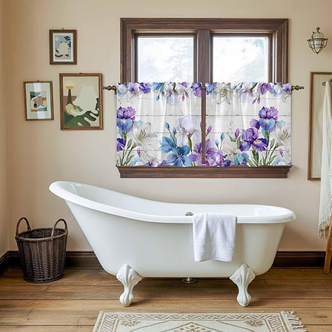 Spring Flowers Tier Curtains, Watercolor Garden Florals Wooden Grain Light