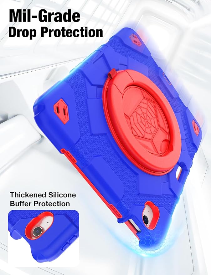 SCSVPN Kids Case for iPad Air 11 Inch M4 2026 / M3 2025 / M2 2024 Heavy Duty Shockproof Silicone Protective Case with Pencil Holder-Screen Protector-Rotating Stand-Handle-Shoulder Strap (Blue+Red)