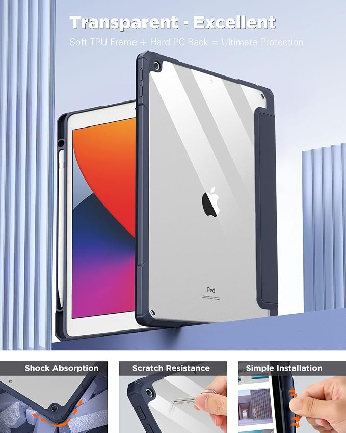 TiMOVO Case for iPad 9th/8th/7th Generation 10.2 inch Black | Pencil Holder Slim Trifold Stand Protective Cover Clear Transparent Back Shell Auto Wake/Sleep