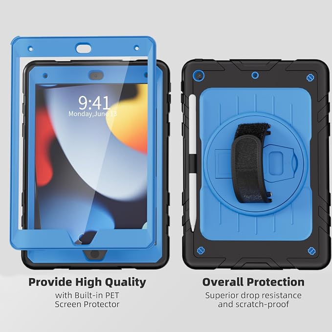 Case for iPad 9th/8th/7th Generation-Built-in Screen Protectorwith Pencil Holder&amp360°Rotating Hand StrapShoulder StrapCase for iPad 10.2 inch 2021-2019(Black)
