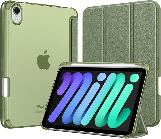 MoKo for iPad mini A17 Pro Case 8.3 Inch 2024 iPad mini 7th/6th Case 2021 | For iPad Mini Case with Pencil Holder Light Trifold Smart Protective Cover with Hard PC Translucent Back Shell Agave Gree