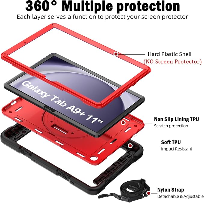 BMOUO for Samsung Galaxy Tab A9+ Plus Case 11 2023 (SM-X210/X216/X218) Shockproof Galaxy Tab A9 Plus Case with Rotating Stand and Hand/Shoulder Strap Black