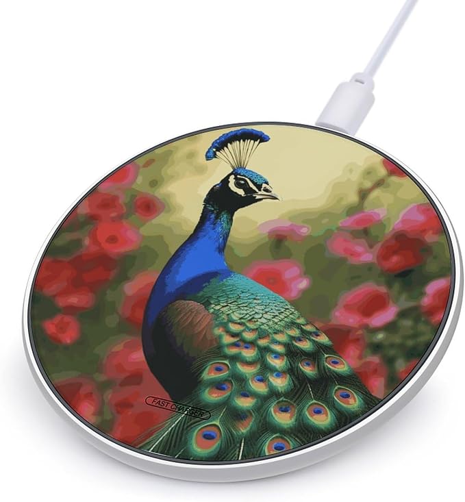 Peacock Flowers Wireless Charger 10W Portable Fast Wireless Charging Pad Compatible with Phone Slim Charging Station Lightweight Charger Mat Charging Block for Travel Home Office