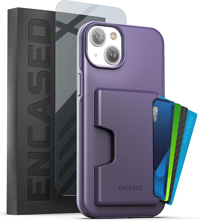 ENCASED Protective Wallet Case Designed for iPhone 14 with Card Holder and Screen Protector (4 Credit Cards/IDs) - Purple