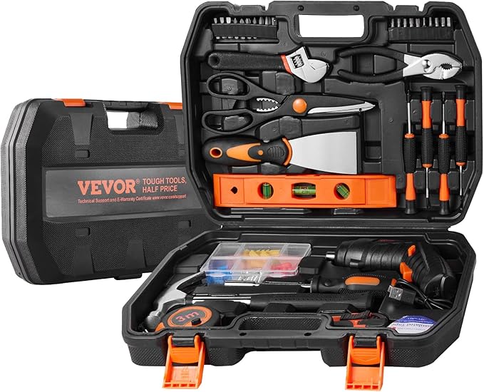 VEVOR Tool Kit, 96 Piece General Household Hand Tool Set, with Cordless Screwdriver and Portable Tool Storage Case, Steel, for Home Maintenance, DIY Projects, and Automotive Repair