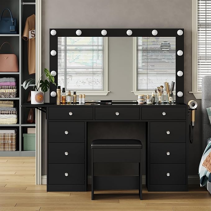 Vanity Desk with Power Outlet, Makeup Vanity with Lighted Mirror, 3 Lighting Modes Adjustable, 9 Drawers Vanity Set with Fold-up Panel, Glass Top, Vanity Table with Chair for Bedroom, Black