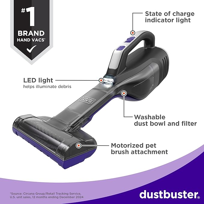BLACK+DECKER dustbuster Reveal Pet Hair Vacuum, Hand Held Vacuum Cordless Portable for Home and Car, Rechargeable, LED Light, Powerful Suction, Includes Pet Brush and Crevice Tool (HLVD320BP07)