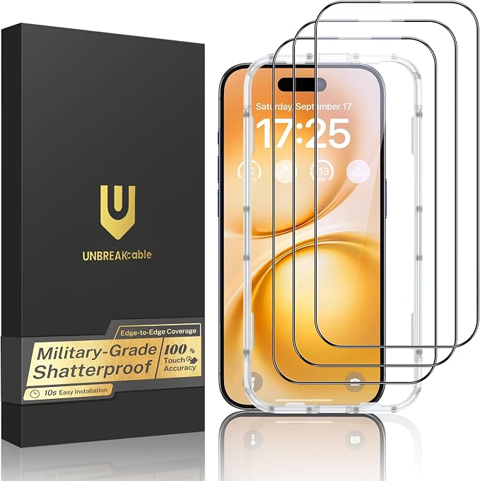 UNBREAKcable 3-Pack Screen Protector for iPhone 15 Double Shatterproof Tempered Glass [Easy Installation Frame] [99.99% HD Clear] [9H Hardness] [Full Coverage] [Case Friendly] for Apple 15 6.1 inch