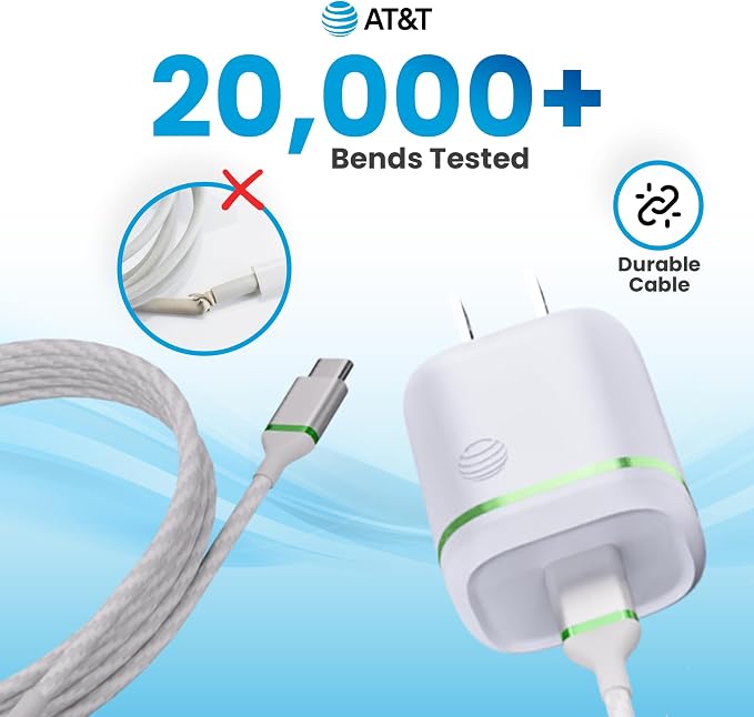 AT&ampT USB-C Wall Charger Fast Charging Power Adapter Foldable Prongs Travel-Friendly for Compatible with iPhone iPad Samsung Galaxy Google Pixel (20W White)