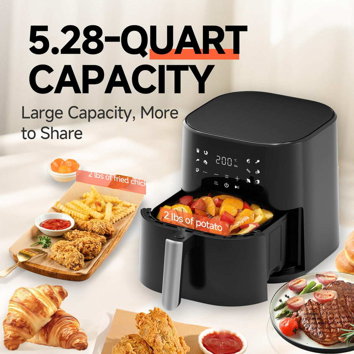 Qido Air Fryer, 5.28 QT Square Airfryer, 400°F Fast Heating Air Fryers Oven with One-Touch Presets, Auto-Off, Dishwasher-Safe Nonstick Basket, Multiple 8 in 1 Function, Compact Black