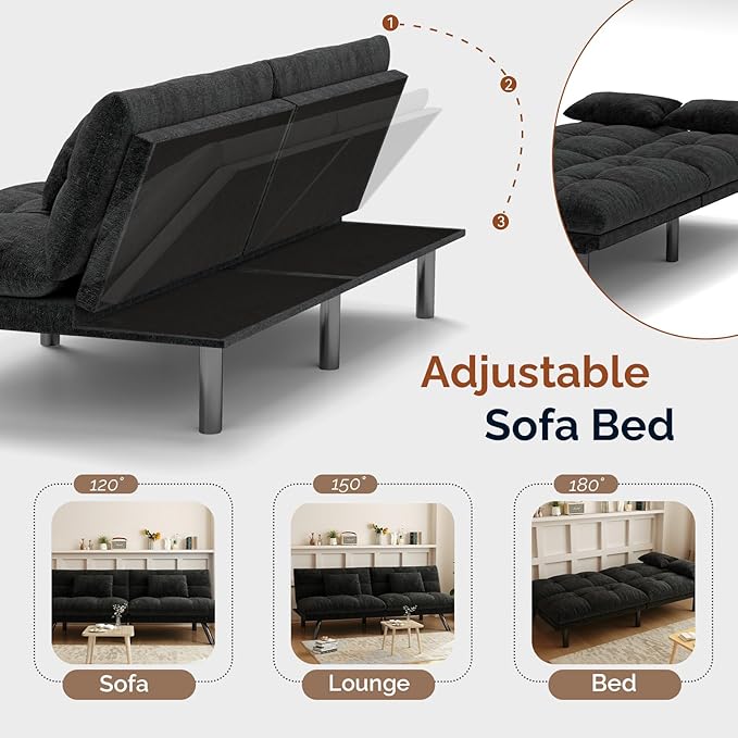 Futon Sofa Bed Convertible 70 inch Solid Wood Couch for Living Room, Chenille Fabric, 2 Cushions (Black)