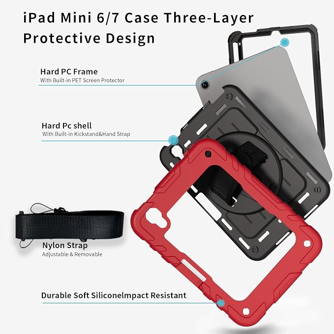 for iPad mini 7 A17 Pro/iPad mini 6 8.3 Inch Case iPad mini 7th/6th Generation Case (2024/2021) with Pencil Holder/Kickstand Hand Strap/Shoulder Strap Black