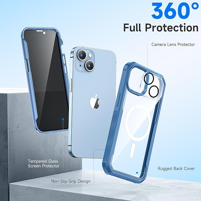 seacosmo for iPhone 14 Plus Case, Full Body Bumper with Built-in 9H Tempered Glass Privacy Screen and Camera Lens Protector, Compatible with MagSafe, Shockproof 14 Plus Phone Case, 6.7", Blue