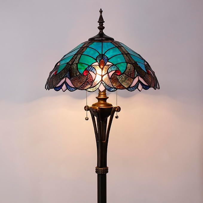 Tiffany Floor Lamp Green Liaison Stained Glass Standing Reading Light 16X16X70 Inches Antique Pole Corner Lamp Decor Bedroom Office Living Room