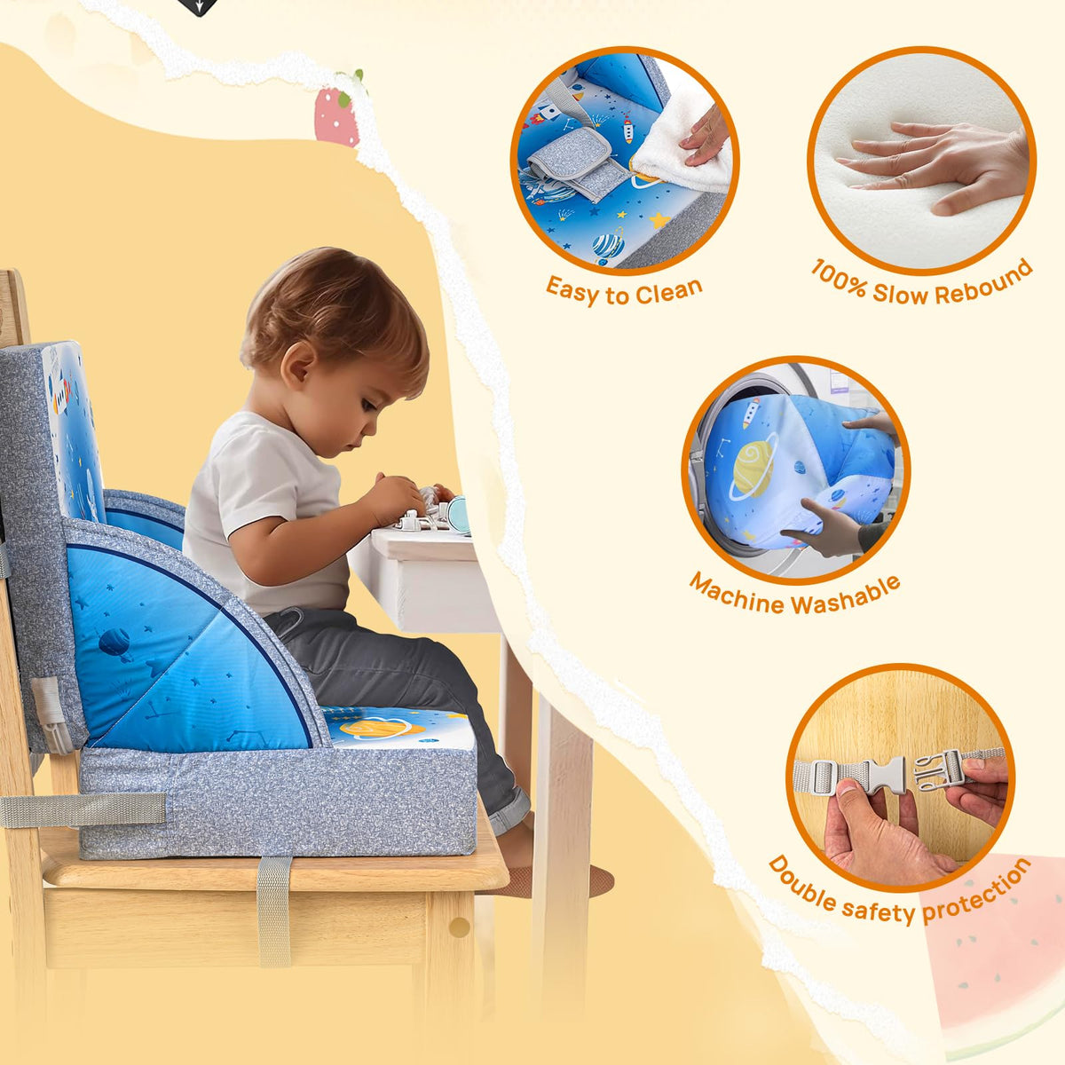 Toddler Booster Seat, Portable Baby Booster for Dining Table, Travel Toddler Chair with Adjustable Straps, Lightweight, Compact Design, Easy to Clean (Blue)