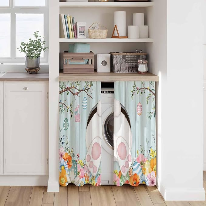 Easter Bunny Kitchen Tier Curtains 45 Inch Long 2 Panel Set, Rod Pocket Short