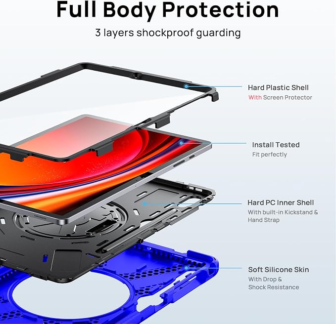Gerutek Case for Samsung Galaxy Tab S10 FE+/ S10 FE Plus 2025 13.1 Inch Full-Body Drop Protective Case with Screen Protector Pen Holder 360° Rotate Hand Strap &amp StandShoulder Strap Black