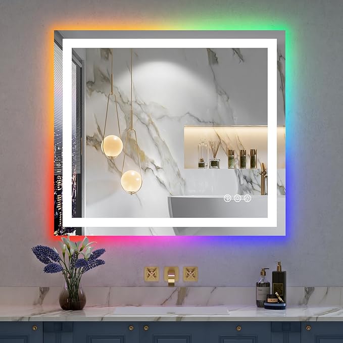 YEELAIT 32x36 Inch RGB LED Bathroom Mirror Front Light and RGB Backlit Lighted Vanity Mirror for Bathroom Wall Mounted Dimmable Anti Fog Memory Shatter-Proof IP54 Waterproof Horizontal/Vertical