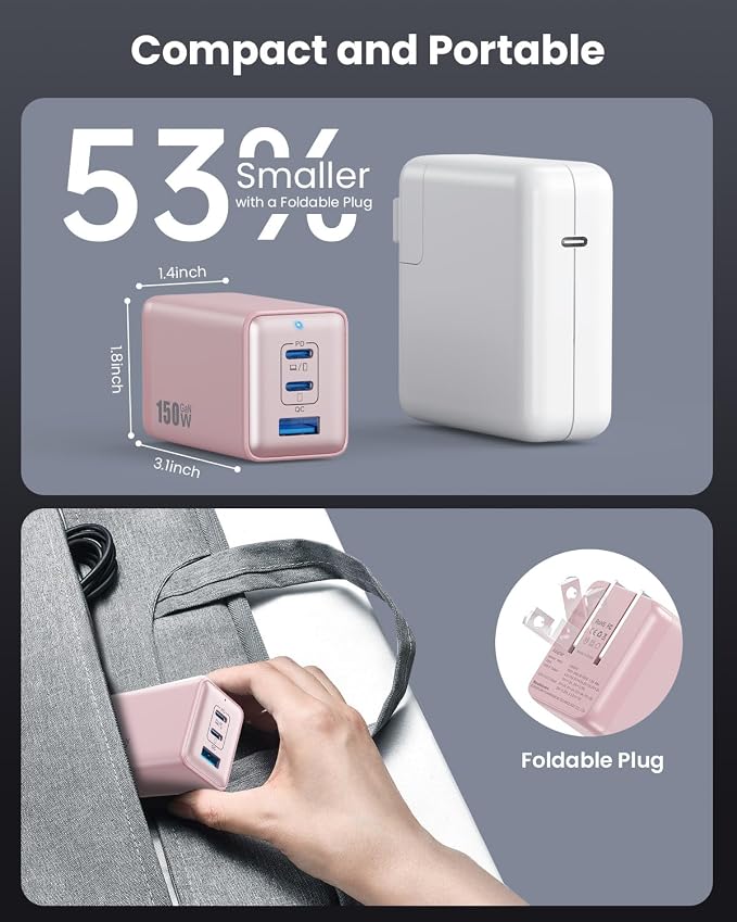 150W USB C Charger BlockGaN III Compact Foldable Wall Charger 3 Port Fast Charging StationPD QC PPS Portable USB C Hub 100W Laptop Adapter for MacBook Pro/AiriPadiPhone 17/ProGalaxy S24Dell etc