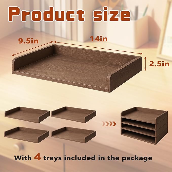 PROLEE Wooden Paper Tray Organizer for Desk,Stackable Paper Holder and Letter Tray,4-Tier Desktop File Storage Rack for Study,Home and Office(Walnut,14" x 9.5" x 2.5")